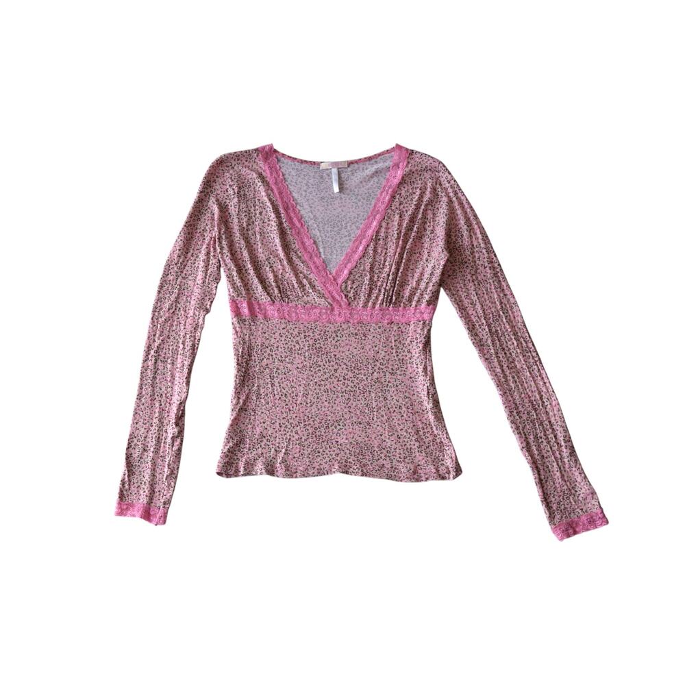 Y2K Pink Leopard Print Lace Trim V-Neck Top Womens Small